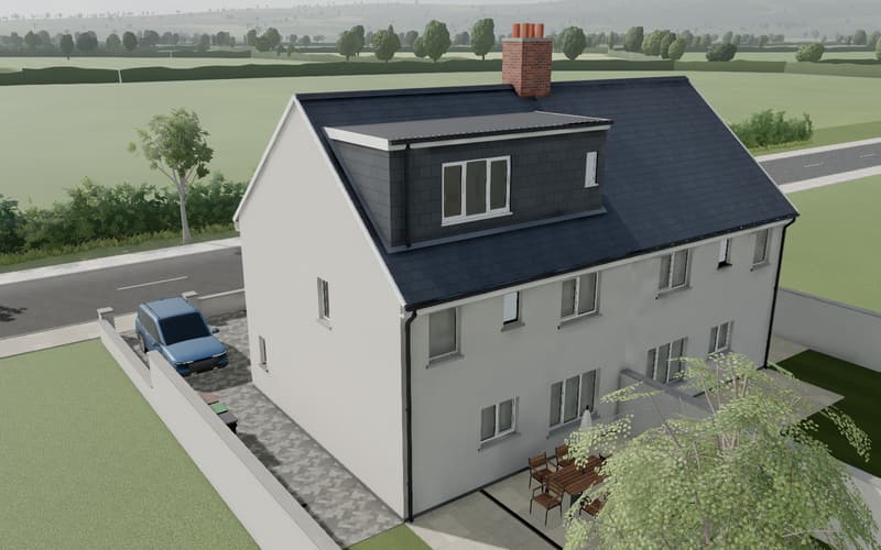 The attic conversion sample, finished: a rear dormer with a wide window on the roof of a semi-detached house.