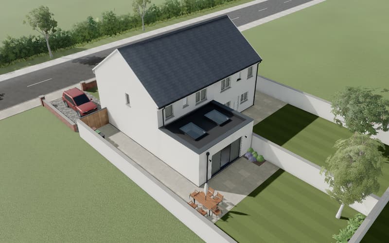 The rear extension sample, finished: a flat-roofed extension with two rooflights and glass doors on the back of a semi-detached house.
