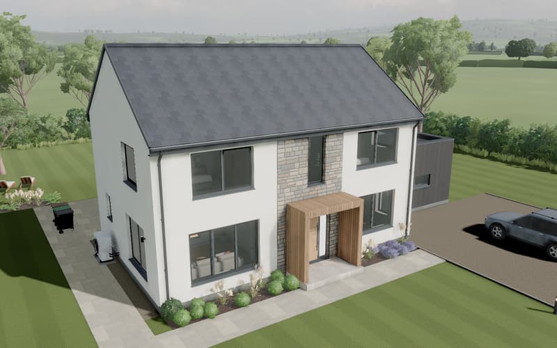 The new build sample, finished: a modern two-storey detached house with a slate roof, a stone-clad porch and a gravel drive, seen from above.